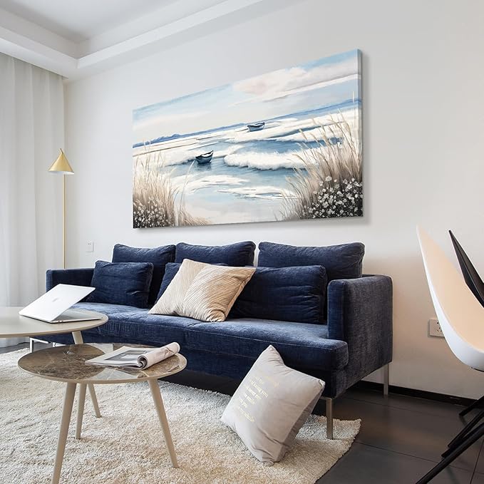 amatop Extra Large Wall Art for Living Room –Big Coastal Beach Minimalist Canvas Artwork with Sailboat Ocean Waves and Reeds Nautical Seascape Picture for Bedroom Decor Blue58x29 Inch-Ruum Studio Home