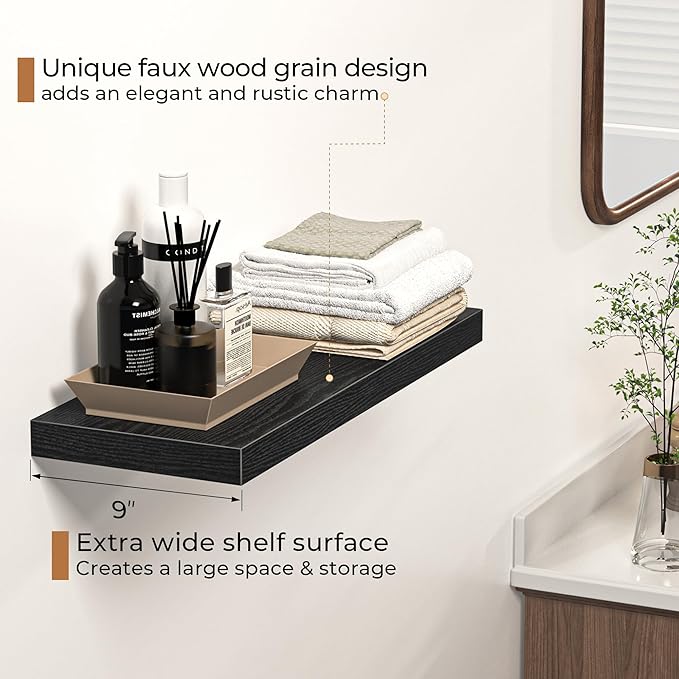 Floating Shelves - 2 Pack 9 Inch Rustic Wooden Wall Shelves - Extra Deeper & Thicker Wall Mounted Storage Shelf for Living Room, Kitchen, Farmhouse - 24" W x 9" D x 1.6" H - Rustic Black-Ruum Studio Home
