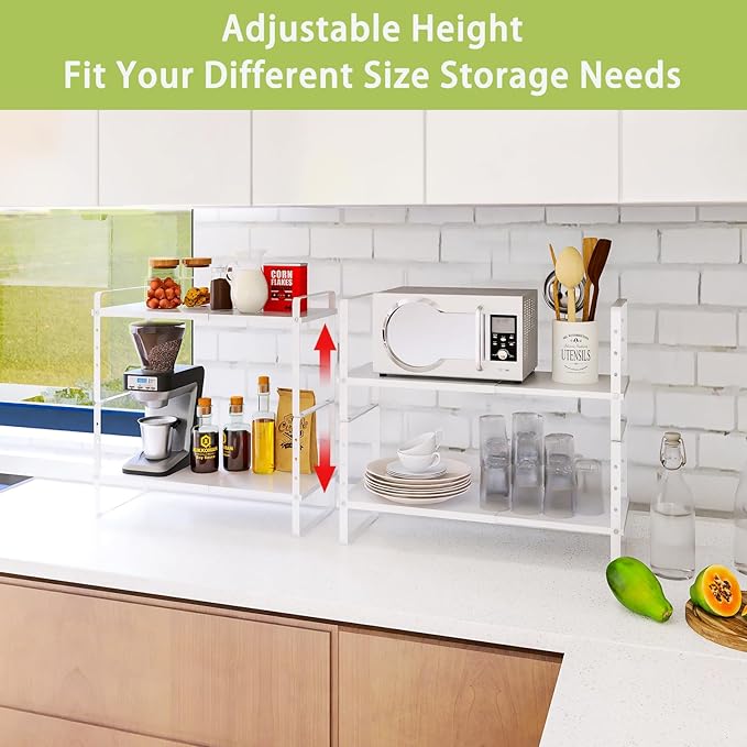 Expandable Cabinet Shelf Organizer Rack, Stackable Kitchen Counter Storage Shelves Stand, Adjustable Height Pantry Shelf Spice Rack (White, 2 Pack)-Ruum Studio Home