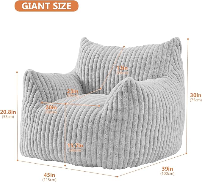 Giant Bean Bag Chairs for Adults with Filling Plush Fluffy Bean Bag Chairs for Teens with Armrests Comfy BeanBag Lazy Couch Sofa Chair for Bedroom Living Room Reading-Ruum Studio Home