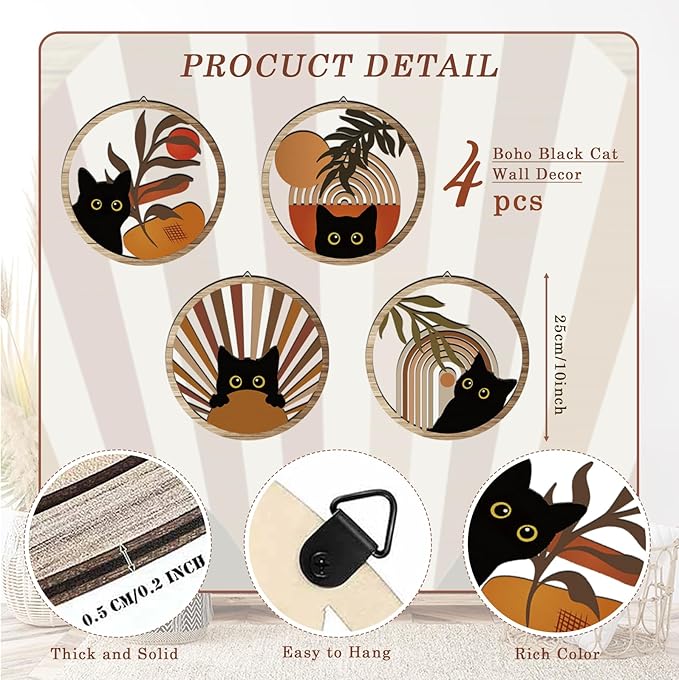 RETRART Boho Black Cat Wall Art Black Cat Room Decor Aesthetic, 4-Piece Farmhouse Geometric Wooden Cat Wall Decor Mid-Century Bohemian Moon Sun Design for Nursery, Bedroom Perfect Cat Lover Gifts-Ruum Studio Home