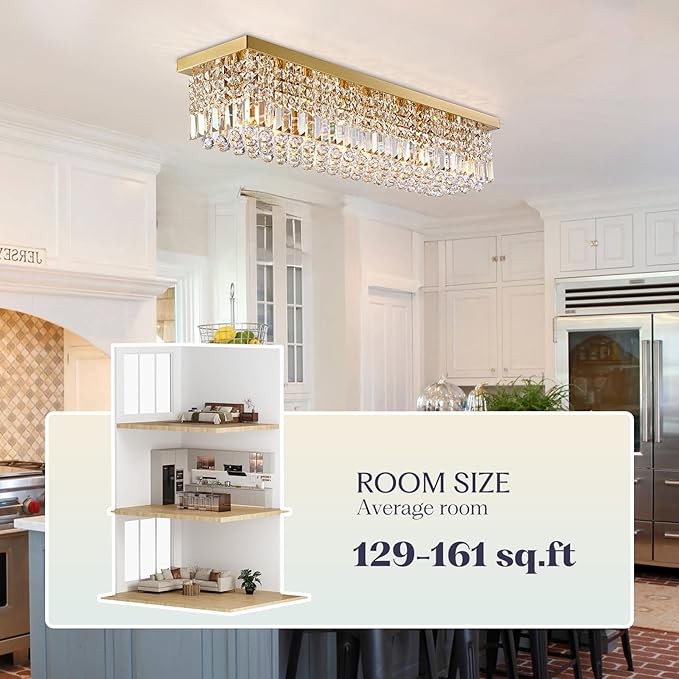Rectangle Chandelier 8-Light Crystal Chandeliers, Modern Dining Room Light Fixture Luxury Gold Rectangular Flush Mount Chandelier Ceiling Light for Dining Room Living Room Kitchen Island Bar L40 Inch-Ruum Studio Home