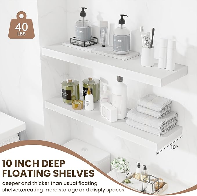 Floating Shelves Set of 2, 36 Inch Long Wooden Wall Shelves, 10 Inch Deep Wall Mounted Storage Shelf with Metal Brackets for Living Room, Bathroom, Bedroom and Kitchen, White-Ruum Studio Home