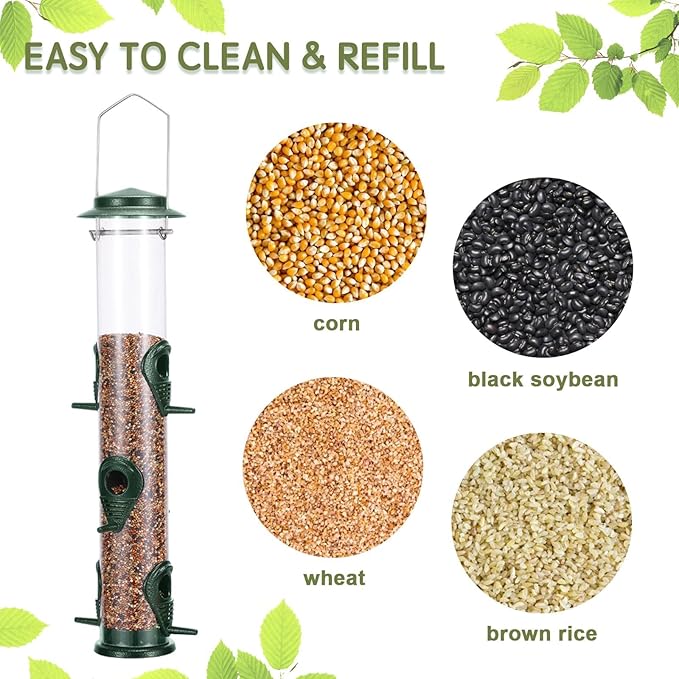 MIXXIDEA 2PK Metal Wild Bird Feeder Bird Feeders for Outdoors Hanging 6 Port Tube Bird Feeder Transparent Finch Feeder with Steel Hanger Green-Ruum Studio Home