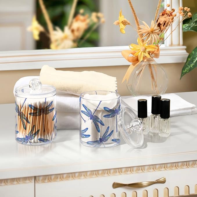 2 Pack Qtip Holder Organizer Dispenser Dragonflies Bathroom Storage Canister Cotton Ball Holder Container for Cotton Swabs/Pads/Floss-Ruum Studio Home