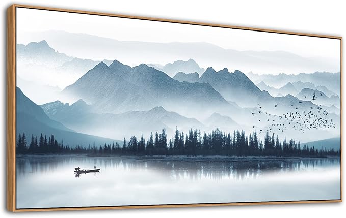 Indigo Framed Canvas Wall Art Misty Mountain Wall Pictures Foggy Lake Boat Canvas Painting Prints Forest Birds Canvas Wall Decor for Living Room Bedroom Decorations Framed 20" x 40" Natural-Ruum Studio Home
