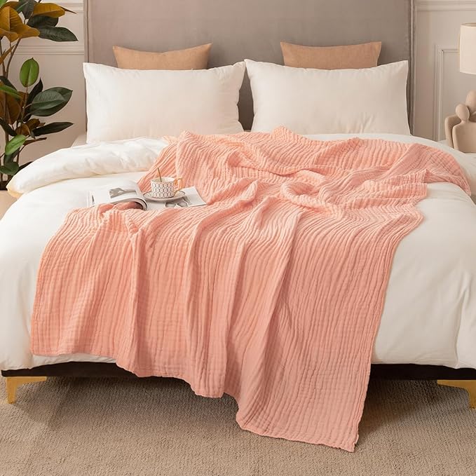 EMME Muslin and Cotton Twin Blankets for Couch Breathable Gauze Blanket All Season Soft and Lightweight Pre-Washed Cotton Blanket (Pink, 60"x80")-Ruum Studio Home