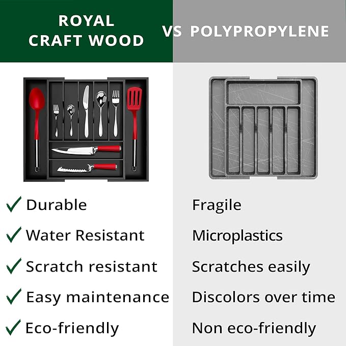 ROYAL CRAFT WOOD Luxury Bamboo Kitchen Drawer Organizer - Silverware Organizer - Utensil Holder and Cutlery Tray with Grooved Drawer Dividers for Flatware and Kitchen Utensils (9 Slot, Black)-Ruum Studio Home