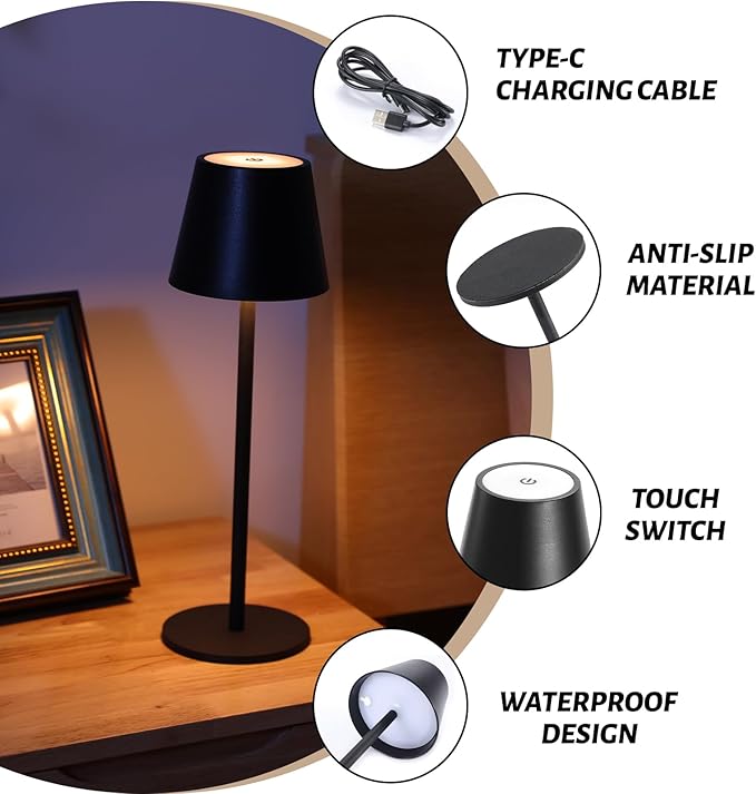 Maksone 2 Pack LED Cordless Table Lamp, 6600mWh Rechargeable Battery Desk Lamp, 3000K Stepless Dimming Night Light, IP54 Waterproof Metal Outdoor Portable Lamp for Restaurant, Patio (Black)-Ruum Studio Home