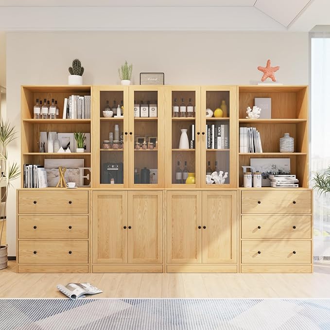 TUSY 71" Bookshelf Bookcase, 3-Tier Modern Bookshelves 3 Large Drawer, Wood Filing Cabinet with Open Storage Shelf, Glass Doors 5-Tier Fixed Storage Shelves for Home Office (Wood)-Ruum Studio Home