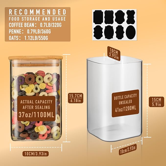 41oz Airtight Glass Square Storage Canister with Bamboo Lid Set of 4 (1200ml) Container Stackable Jar, Kitchen Canister for Pantry Noodles, Flour and Coffee beans (‎with Black Lable)-Ruum Studio Home