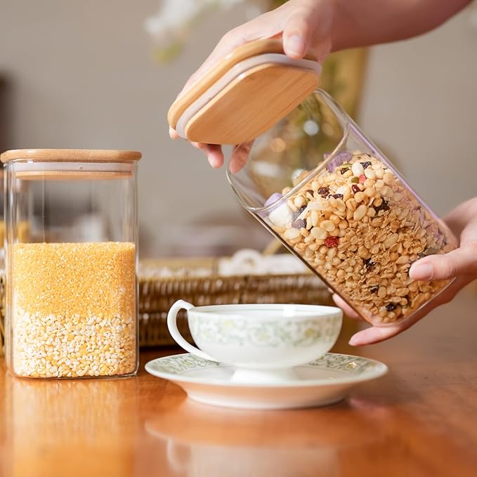 Glass Food Storage Jars 37 oz Set of 6,Glass Storage Containers Clear Glass Food Canister with Bamboo Lid Airtight For Serving Tea, Coffee, Flour, Sugar, Candy, Cookie, Spice and More (Square)-Ruum Studio Home