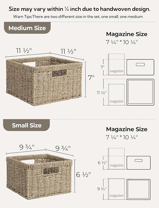 StorageWorks Wicker Storage Baskets, Large and Small Baskets, Handwoven Seagrass Basket for Organizing, Decorative Wicker Baskets with Built-in Handles, Set of 2-Ruum Studio Home
