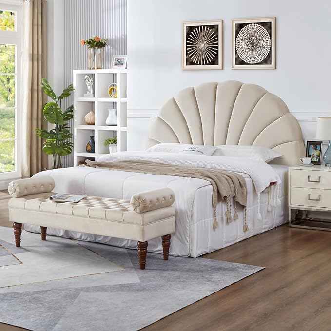 24KF Stunning Crown Design King Headboard, Upholstered Soft Velvet Petal Pattern Headboard King/CA King-Beige-Ruum Studio Home