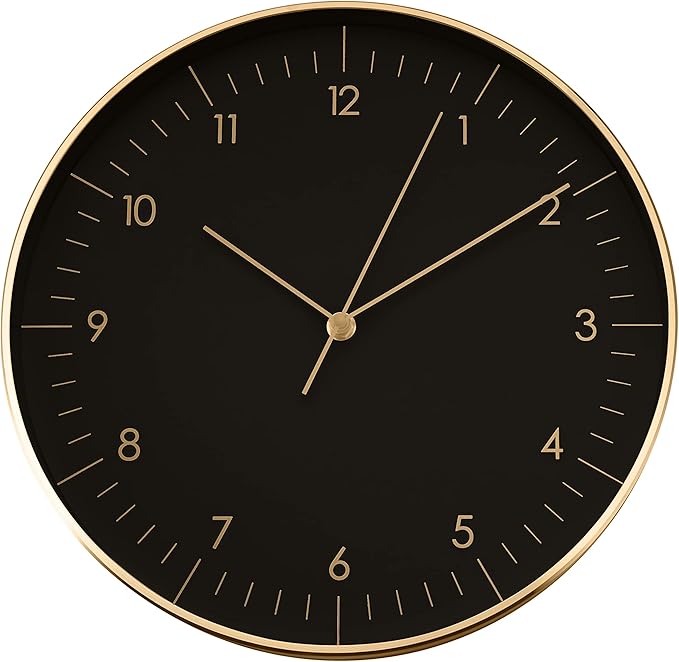 LUUK LIFESTYLE Modern Wall Clock with Silent Quartz Movement, Stylish & Functional, Decoration for Bedroom, 12 inch, in Black & Gold-Ruum Studio Home