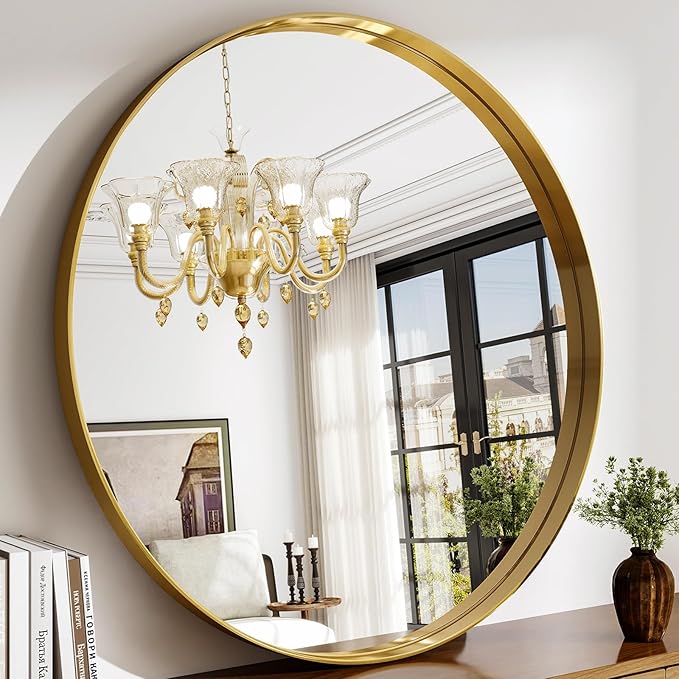 48 Inch Round Bathroom Mirror - Wall Mounted Circle Mirror with Metal Frame, Modern Mirror Suitable for Bathroom, Vanity, Entryway, Living Room, Wall Decor,Gold-Ruum Studio Home