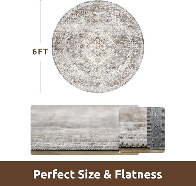 AMOAMI-6FT Round Rug-Rugs for Living Room-Vintage Soft Grey Rugs for Bedroom-Non Slip Circle Rug-Machine Washable Rug for Dining Room Living Room Bedroom Office Under Table-Ruum Studio Home