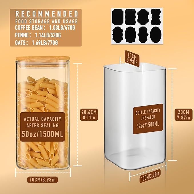 52oz Airtight Glass Square Storage Canister with Bamboo Lid Set of 3 (1550ml) Container Stackable Spice Jar, Kitchen Canister for Flour, Cookies, Cereal and Coffee beans (‎with Black Lable)-Ruum Studio Home