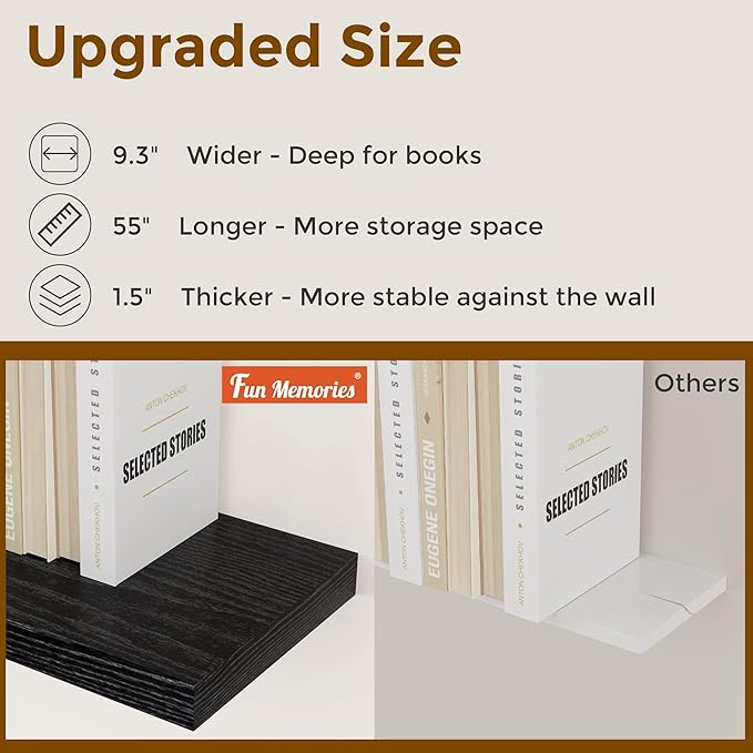 55 Inch Floating Shelves Black, Rustic Wood Floating Shelf Wall Mounted, 9 Inch Deep Floating Shelf for Kitchen, Bedroom, 55 x 9 Wall Shelves for Home Storage, Set of 1-Ruum Studio Home