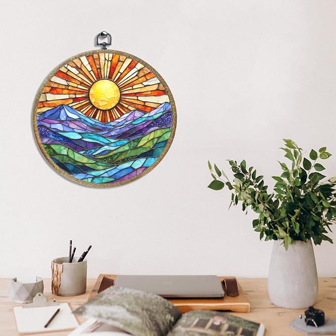 Colorful Mountain Sunset Bohemian Style Rainbow Sunrise Art Gift Framed Round Wall Decor Canvas Wall Art Hanging Prints Artwork for Home Nursery Bedroom Door Office Porch Decorations 10.2X10.2 Inch-Ruum Studio Home
