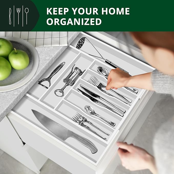 ROYAL CRAFT WOOD Luxury Bamboo Kitchen Drawer Organizer - Silverware Organizer - Utensil Holder and Cutlery Tray with Grooved Drawer Dividers for Flatware and Kitchen Utensils (9 Slot, White)-Ruum Studio Home