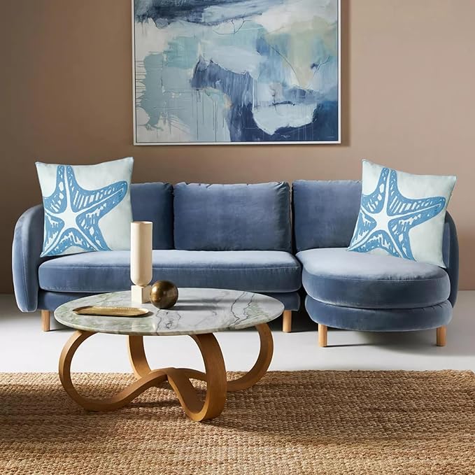 Embroidered Decorative Throw Pillow Cover, 18"x18" Set of 2, Farmhouse Pillowcase Blue Sea Star Knit Pattern Cotton Canvas Cushion Case Square Floral Pillow Case for Sofa Couch Bed Living Room-Ruum Studio Home
