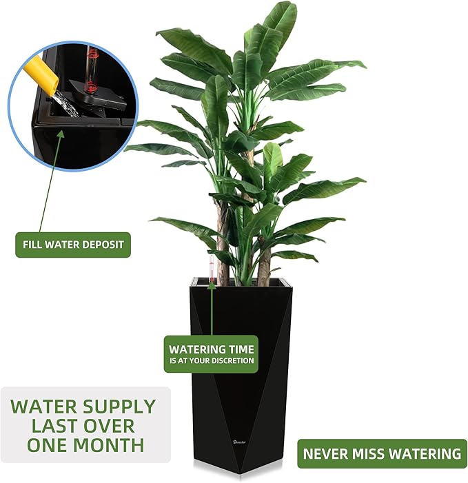 Dexceder 24 Inches Tall Self Watering Planter Diamond High Gloss Indoor Outdoor, Thickened Rhombus Large Floor Standing Flower Plant Pot with Water Level Indicator (Black)-Ruum Studio Home