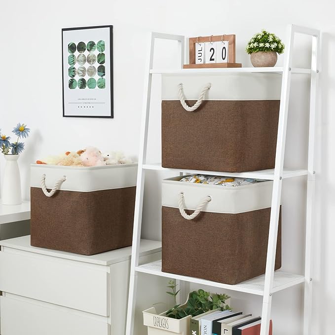 Bidtakay Collapsible Rustic Cube Storage - Brown Cloth Baskets with Handles, 13x13x13 Inch, Set of 3 Fabric Storage Bins-Ruum Studio Home