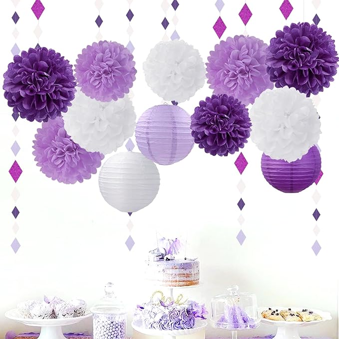 Purple-White Lavender Party Decorations Paper Flowers Lanterns - 15PCS Birthday Graduation Tissue Pom Poms Streamers, Baby Bridal Shower Wedding Retirement Bachelorette Hanging Supplies Decor Hugfond-Ruum Studio Home
