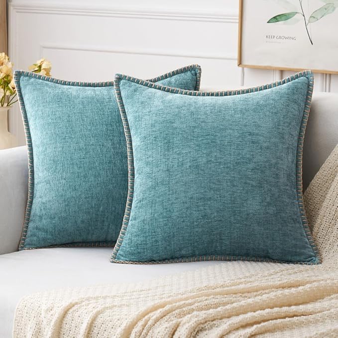 MIULEE Pack of 2 Couch Throw Pillow Covers 18x18 Inch Coastal Smoke Blue Farmhouse Decorative Pillow Covers with Stitched Edge Soft Chenille Solid Dyed Spring Pillow Covers for Sofa Bed Living Room-Ruum Studio Home