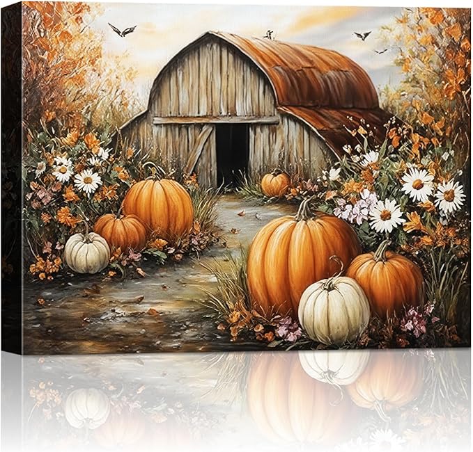 Autumn Pumpkin Barn Framed Wall Art Decor, Moody Fall Decor Rustic Country Landscape Picture Print for Farmhouse Decor,Thanksgiving Decorations Country Canvas Wall Art, Ready to Hang-Ruum Studio Home