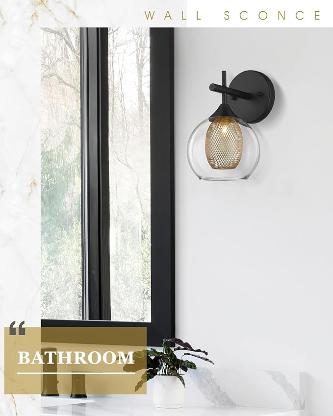 Black Wall Sconce Set of 2, Bathroom Vanity Light Fixture with Clear Glass and Honeycomb Metal Shade, Sconces Wall Lighting for Mirror Bedroom Hallway, AD-22001-1W2-BK-Ruum Studio Home