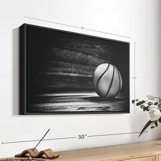 ElephantStock Basketball Wall Art - Horizontal Framed Canvas - 1-Piece Hallway Wall Decor - Photography sports Canvas Print - Black and Gray Decor for Wall - 19" X 13"-Ruum Studio Home