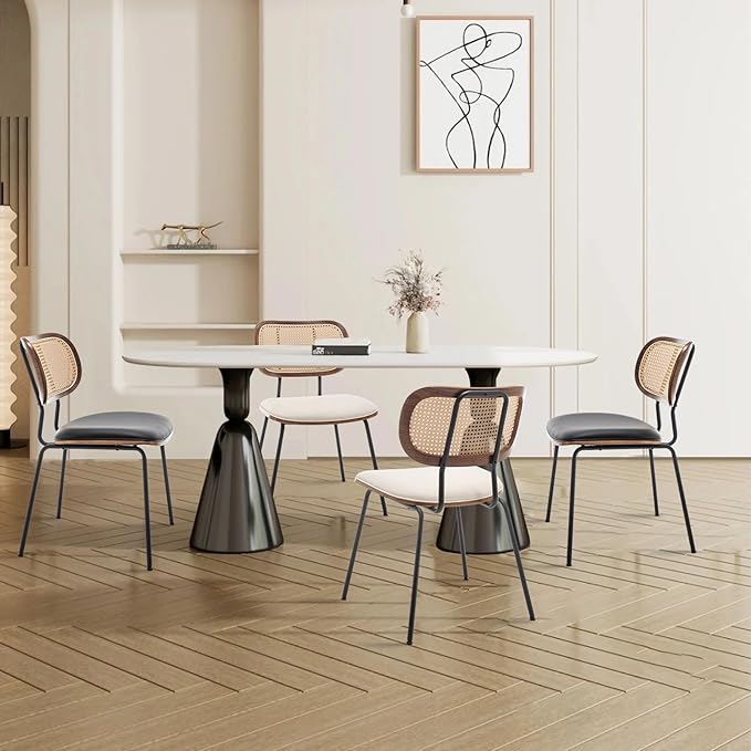 Rattan Dining Chairs Set of 4, Mid Century Modern Dining Chairs with Cane Back for Kitchen Dining Room, 19 Inch Faux Leather Beige-Ruum Studio Home