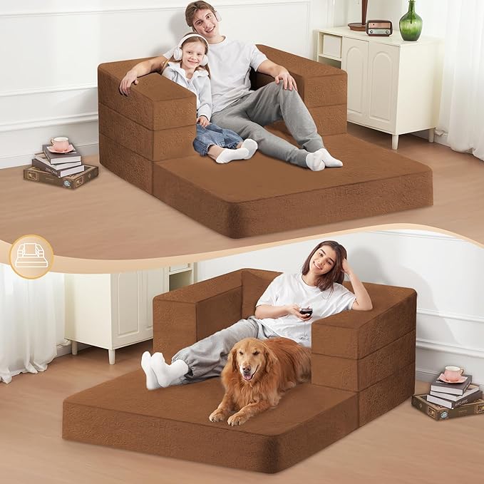 Folding Bean Bag Chair for Adults,3-in-1 Bean Bag Couch Faux Fur Floor Sofa Large Beanbag Convertible Bean Bag Sofa Bed with Pillow in Bedroom,Living Room,Apartment(Twin,Caramel)-Ruum Studio Home
