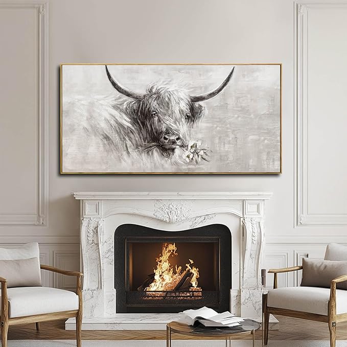 Farmhouse Decor Framed Wall Animal and Flower Artwork Grey Vintage Cow Wall Art with Frame for Living Room Bedroom Dining Room Office 29x58 Inch-Ruum Studio Home