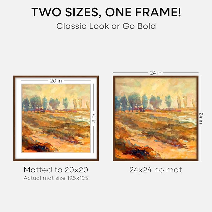 Homeforia 24x24 Picture Frame Brown, High End Dark Oak 24 x 24 Square Wood Frame with Mat 20 x 20 for Photo, 24by24 Wooden Walnut Poster Frame Matted to 20x20 Print, Tempered Glass, Wall Kit, Set of 1-Ruum Studio Home