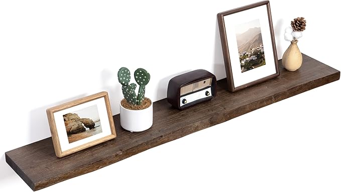 Floating Shelves for Wall Decor, Rustic Solid Elm Wood Live Edge Floating Shelves Wall Mounted, Wall Shelves with Invisible Bracket for Living Room Bathroom Bedroom Kitchen, 48 Inch, Walnut-Ruum Studio Home