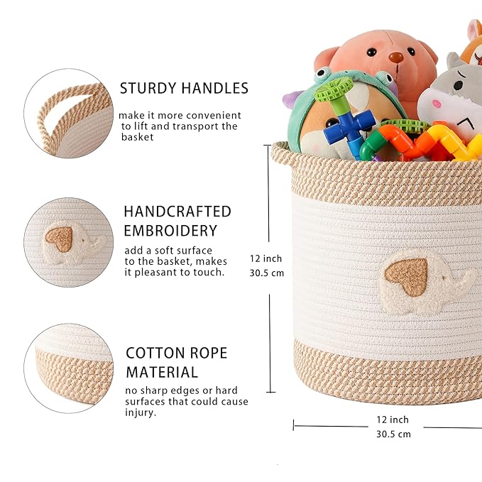 INough Toy Storage Baskets Woven Cotton Rope Storage Basket for Kids, Blanket Baskets for Living Room Toy Basket Box Toys Organizer with Embroidery Decor Cute Baskets for Nursery, Playroom (Elephant)-Ruum Studio Home