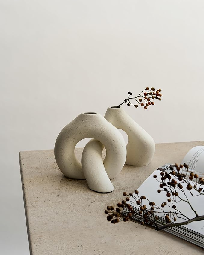 NOBULA White Ceramic Donut Vases – Modern Home Decor for Living Room, Bedroom & Table Centerpiece - Minimalist Nordic – Unique Vases for Olive Plant & Flowers – Decorative Coffee Table Vase Set of 2-Ruum Studio Home