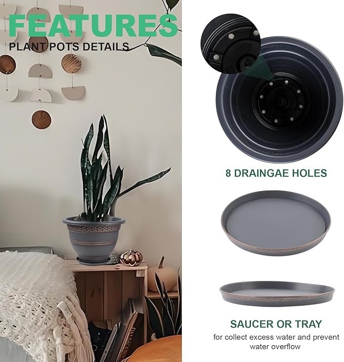 6 Pack 8 Inch Plant Pots, Plastic Flower Pot for Indoor & Outdoor with Drainage Holes & Saucer, Plaid Pattern Planters Garden Pots for Herbs-Ruum Studio Home