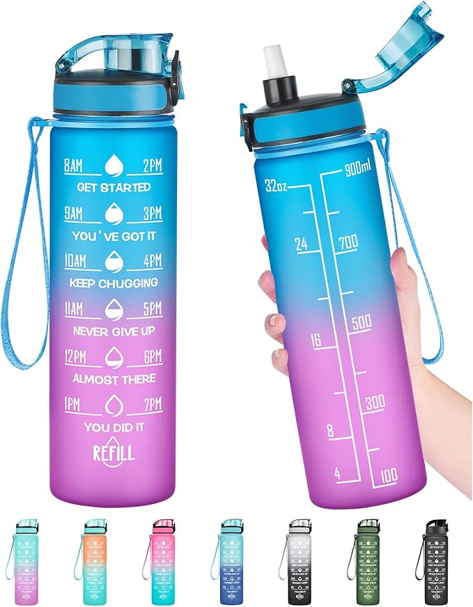 Enerbone Water Bottle, Leakproof BPA & Toxic Free, Motivational Water Bottle with Times to Drink and Straw, Fitness Sports Water Bottle with Strap for Office, Gym, Outdoor Sports-Ruum Studio Home