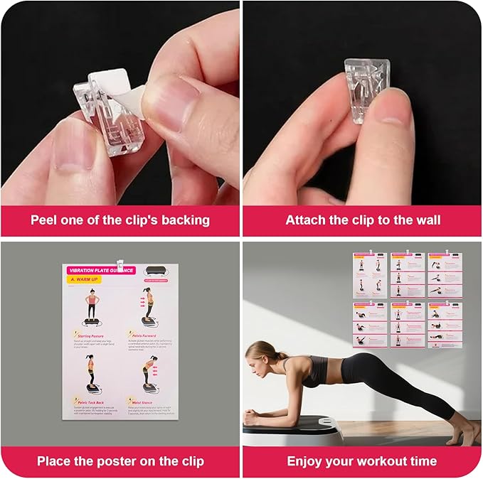 Vibration Plate Exercise Machine Poster - Upgraded 6 Workout Guidance & 10 Pcs Planner & 10 Pcs Double-Sided Clips, Comprehensive Whole Body Wave Vibrating Workout Chart, Pink-Ruum Studio Home