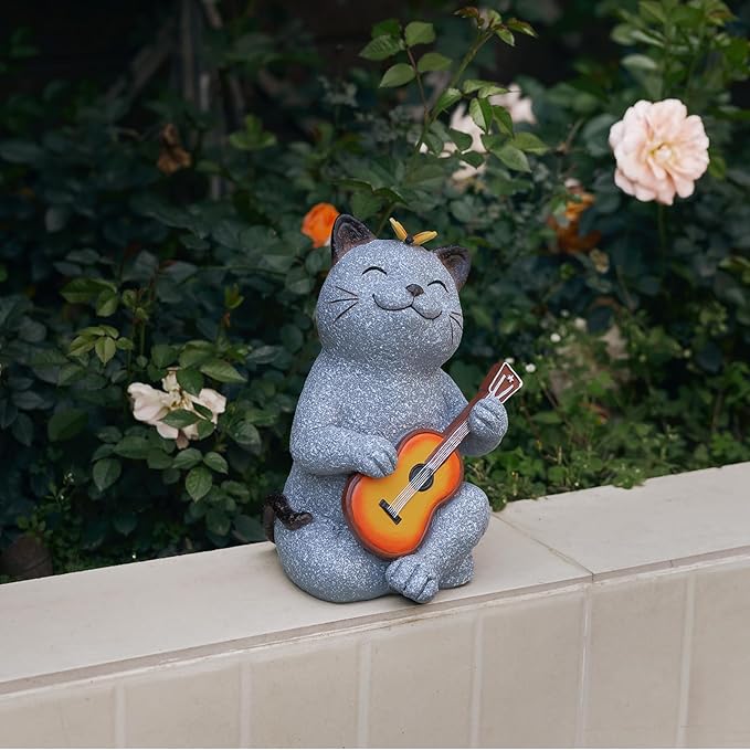 Cat Garden Statue Outdoor Decor, Cat Sculpture with Guitar and Butterfly for Yard Lawn Patio Balcony, Birthday Housewarming Gifts for Mom, Grandma, Women, 8.8 inch, Resin-Ruum Studio Home