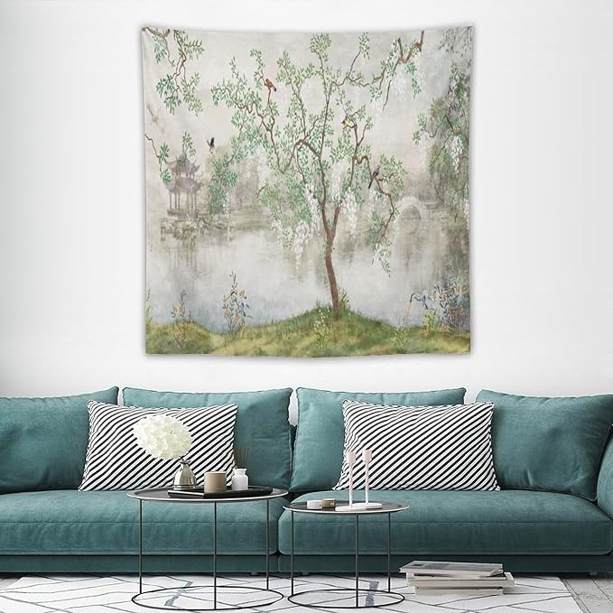 HZOHNAGO Japanese Tapestry Tree Misty Garden Lake Printed Wall Tapestry Ink Painting Wall Hanging for Bedroom Living Room Dorm 60" W x 60" H-Ruum Studio Home