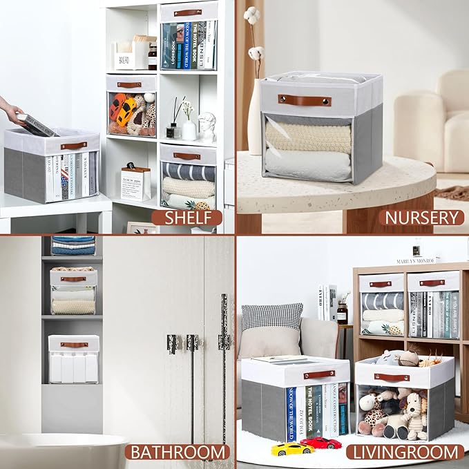 HNZIGE Fabric Cube Storage Bins - 4 Pack 13x15x13 Collapsible Storage Cubes for Organizing Shelves, Closet, Pantry - White, Gray-Ruum Studio Home