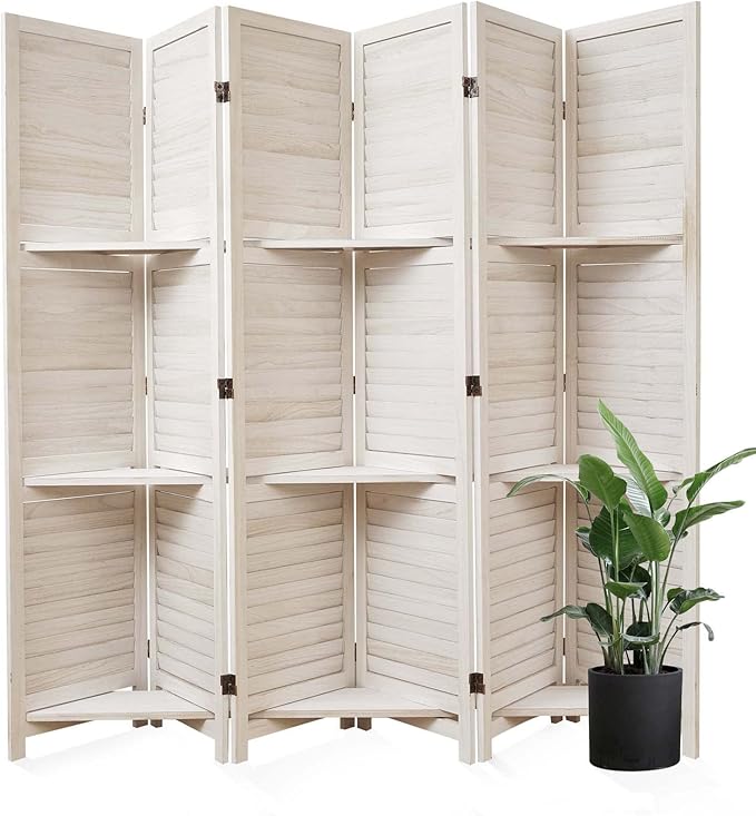 Partition Room Dividers, Folding Wood Privacy Screen with Three Display Shelves Suitable for Home Office, Study, Art Display - 6 Panel, 67 * 77inch (White)-Ruum Studio Home