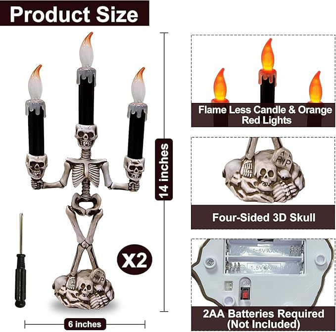 TURNMEON 2 Pack Halloween Candelabra with LED Flame Less Candles Holder Battery Operated Flickering Lights Skull Candles for Halloween Decorations Indoor Home Table Mantel Party Haunted Mansion Decor