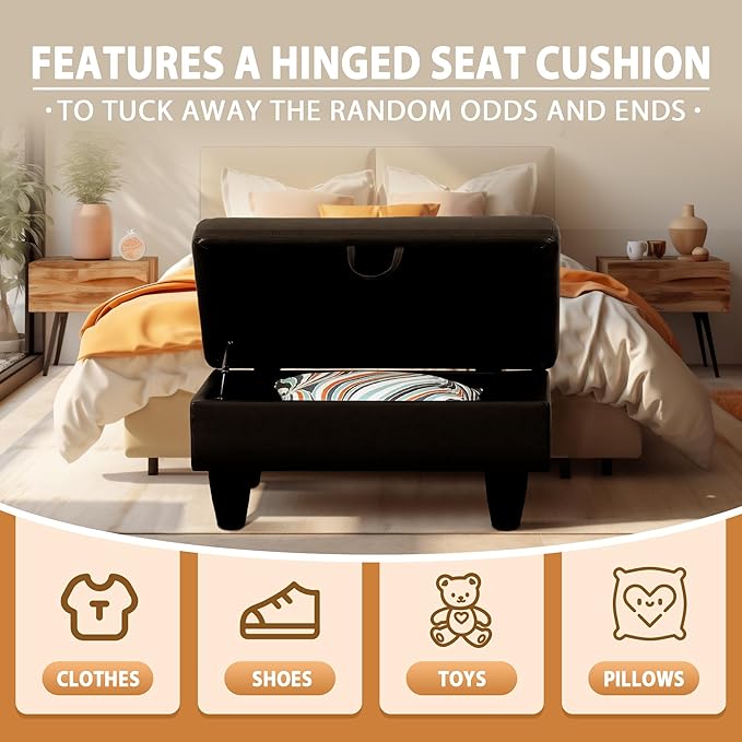 Ottoman Rectangular Storage Ottoman Bench, Faux Leather Footrest, Coffee Table, Stool Footstool with Hinged Lid for Living Room, Bedroom, Entryway, Black, 28.5"x19"x17.5"-Ruum Studio Home