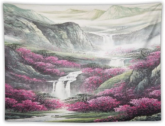 Japanese Tapestry, Red Plum Blossom Mountain Tapestry, Asian Japanese Wall Tapestry, Nature Landscape Tapestries for Bedroom Living Room Decor 60"x40"-Ruum Studio Home